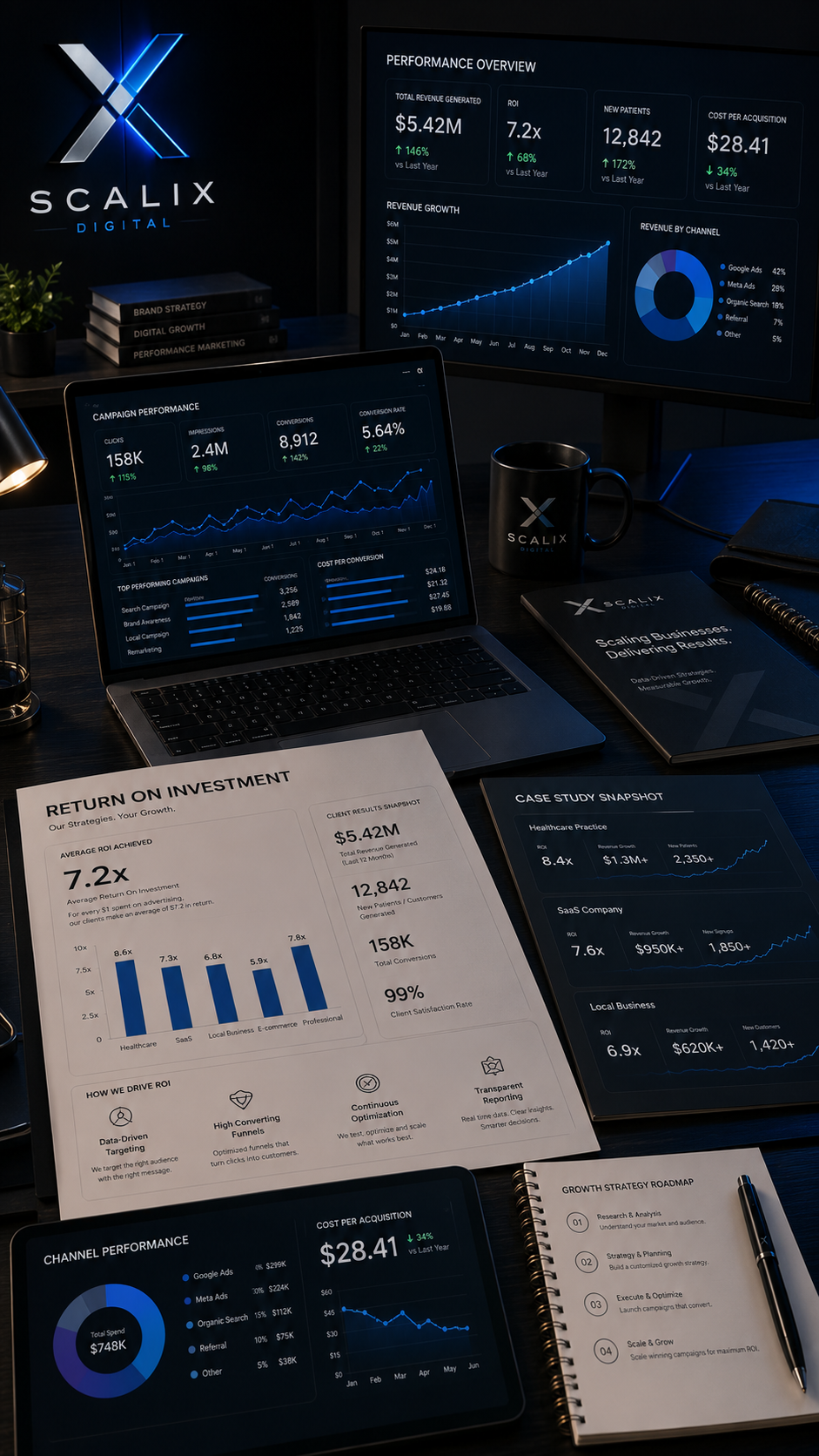 Brand and design system materials laid out during a Scalix Digital project